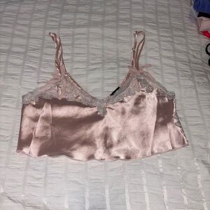 Pink Satin Lace Trim Tank Top